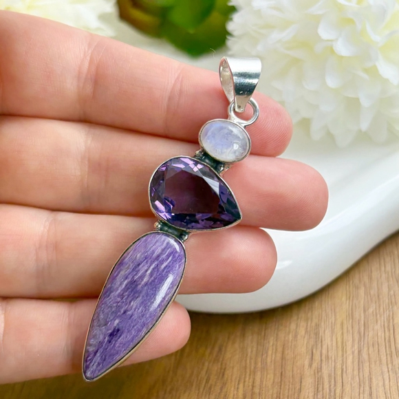 Amethyst Moonstone Charoite Pendant Necklace Southwest Boho Vintage New 925 - Picture 3 of 10